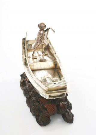 1930 ' s Chinese Sterling Silver Junk Boat Ship Fisherman Figure Wood Stand 4