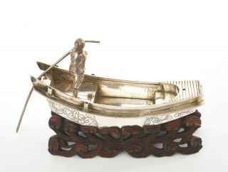 1930 ' s Chinese Sterling Silver Junk Boat Ship Fisherman Figure Wood Stand 5