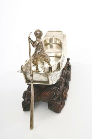 1930 ' s Chinese Sterling Silver Junk Boat Ship Fisherman Figure Wood Stand 6