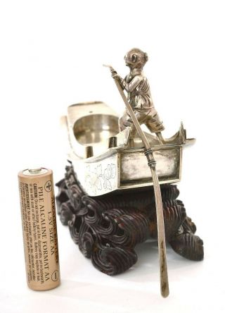 1930 ' s Chinese Sterling Silver Junk Boat Ship Fisherman Figure Wood Stand 7