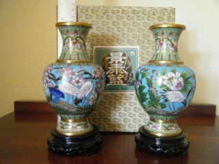 One Pair Vintage Asian Enamel Cloisonne 6.  5 Inch Tall Vases W/carved Wood Bases