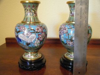 One Pair Vintage Asian Enamel Cloisonne 6.  5 inch Tall Vases W/Carved Wood Bases 2