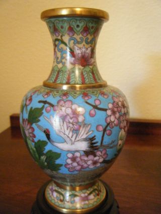 One Pair Vintage Asian Enamel Cloisonne 6.  5 inch Tall Vases W/Carved Wood Bases 3