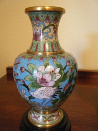 One Pair Vintage Asian Enamel Cloisonne 6.  5 inch Tall Vases W/Carved Wood Bases 4