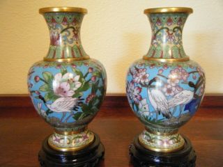 One Pair Vintage Asian Enamel Cloisonne 6.  5 inch Tall Vases W/Carved Wood Bases 6