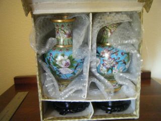 One Pair Vintage Asian Enamel Cloisonne 6.  5 inch Tall Vases W/Carved Wood Bases 7