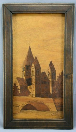 2 Antique French Hand Carved Wood Inlaid Marquetry Panel Picture By Thiam