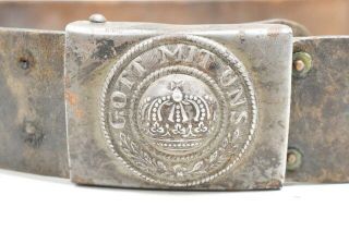 Authentic Antique German WWI Gott Mit Uns Army Military Buckle Leather Belt 1914 2