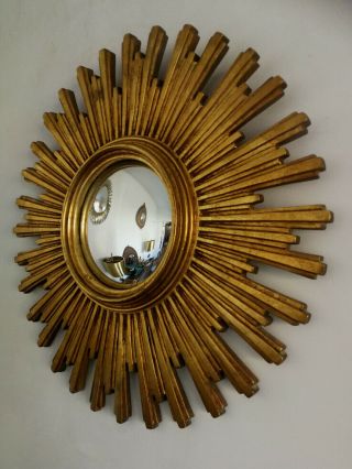 Large Vintage Mid Century Modern Gold French Sunburst Starburst Convex Mirror