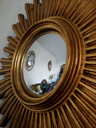 Large Vintage Mid Century Modern Gold French Sunburst Starburst Convex Mirror 3