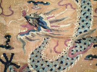 ANTIQUE 18th/ 19th c CHINESE QI ' ING EMBROIDERED SILK PANEL DRAGONS EMBROIDERY 9