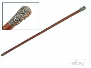 19th C.  Antique Chinese Repoussé Sterling Silver Walking Stick Qing Dynasty