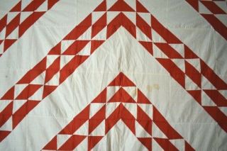 UNUSUAL Vintage 1880 ' s Red & White Barn Raising Antique Quilt Top GREAT DESIGN 3