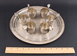 7pc Antique Isfahan 875 Silver Liquor Set Cups Tray,  Hand Chased Islamic Design