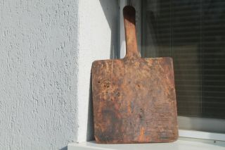 Antique Primitive Old Hand Carved Wooden Bread Board Plate With Short Handle.