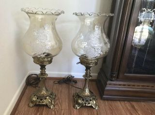 Antique Brass Lamps With Hurricane Painted Shades,  Rare,  Large.