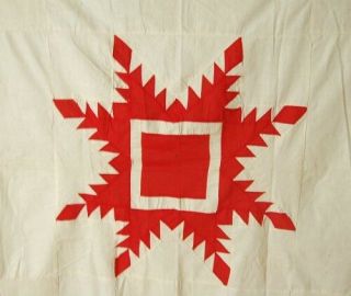 VIBRANT Vintage 1890 ' s Red & White Feathered Star Patchwork Antique Quilt Top 2