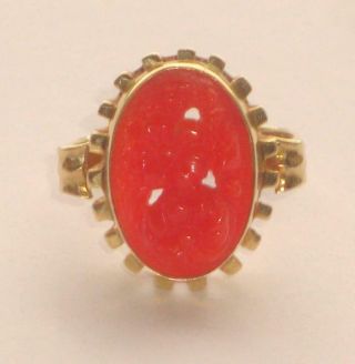 Large Antique Vintage Art Deco Chinese Carved Red Coral 18ct Gold Ring