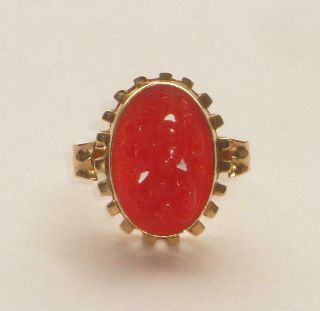 LARGE ANTIQUE VINTAGE ART DECO CHINESE CARVED RED CORAL 18ct GOLD RING 2
