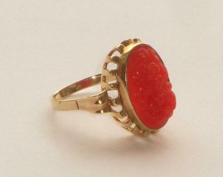 LARGE ANTIQUE VINTAGE ART DECO CHINESE CARVED RED CORAL 18ct GOLD RING 3