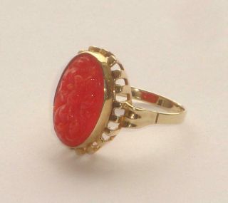 LARGE ANTIQUE VINTAGE ART DECO CHINESE CARVED RED CORAL 18ct GOLD RING 4