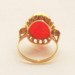 LARGE ANTIQUE VINTAGE ART DECO CHINESE CARVED RED CORAL 18ct GOLD RING 6