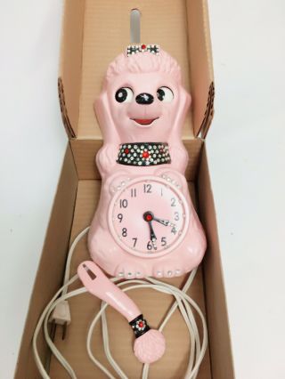 Vtg 60s Nib Pink French Poodle Kit Kat Jeweled Wall Clock Eyes Move Tail Wags