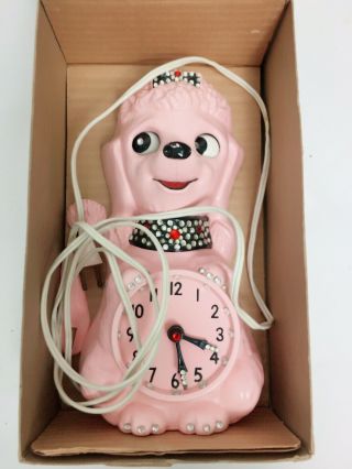 VTG 60s NIB Pink French Poodle Kit Kat Jeweled Wall Clock Eyes Move Tail Wags 5