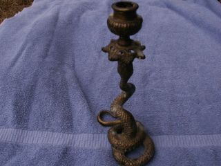 Vintage Art Nouveau Bronze,  or Brass Coiled Snake Serpent Candlestick Grotesque 2