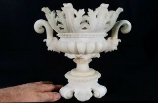 Antique Victorian Figural Carved Alabaster Reticulated Flower Vase Or Compote