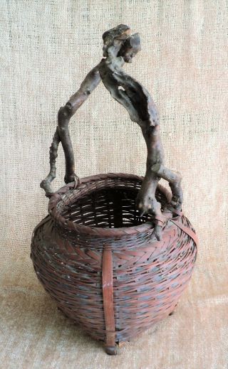 Vtg Antique Ikebana Woven Bamboo Basket With Natural Root Handle 16 " - Estate