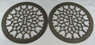 2 Antique Victorian Cast Iron Industrial Round Geometric Grate Covers Wall Art