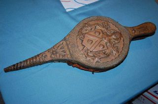 Vintage Antique European Coat Of Arms Fireplace Bellows Leather Metal