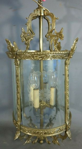 Lg French Vintage Style Brass And Etched Glass Old Chandelier Hanging Lamp Light