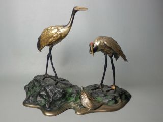 Japanese Vintage Bronze Crane Tsuru Turtle Kame Ornament Okimono Statue Bird Nr