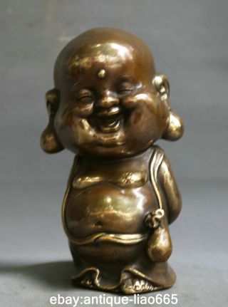 10.  2 " Old Chinese Bronze Buddhism Cloister Happy Laugh Maitreya Buddha Statue Q版