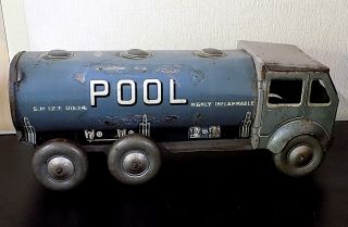 Vintage Tinplate Clockwork “pool” Oil Tanker Truck,  Mettoy Co.  England.  Af
