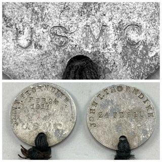 1911 Usmc Marine Wwi Pair Dog Tag - John T.  Thorndike - Not Been Researched