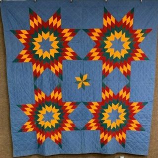 Glowing Pa C 1900 Touching Stars Quilt Antique Red Blue Cheddar Mennonite