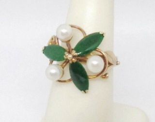 Art Deco Antique Ty Lee 14k Yellow Gold Natural Jade Cultured Pearl Ring T.  Y.  L.