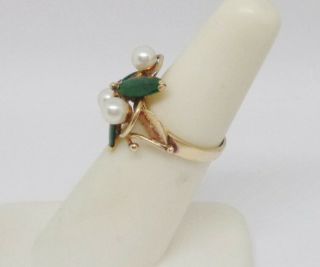 ART DECO ANTIQUE TY LEE 14K YELLOW GOLD NATURAL JADE CULTURED PEARL RING T.  Y.  L. 4