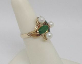 ART DECO ANTIQUE TY LEE 14K YELLOW GOLD NATURAL JADE CULTURED PEARL RING T.  Y.  L. 5