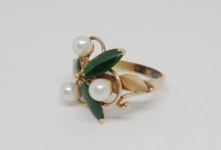 ART DECO ANTIQUE TY LEE 14K YELLOW GOLD NATURAL JADE CULTURED PEARL RING T.  Y.  L. 7