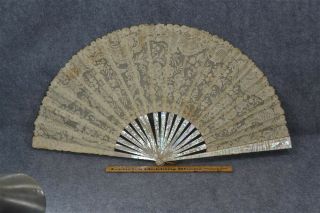 Antique Hand Fan Mop Mother Pearl Early Lace Irish Embroidered 1800 Vg