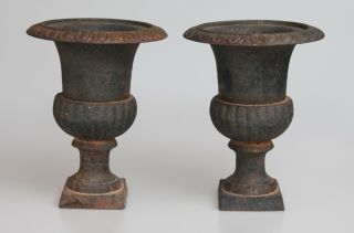 Antique French Neoclassical Black Cast Iron Garden Urns Planters