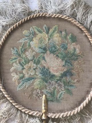 Antique French Petite Point Needlepoint Fire Screens/Face Shields Fan Circa 1700 5