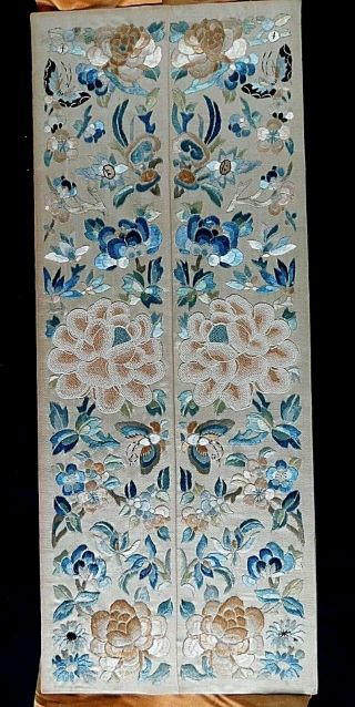Antique Finely Embroidered Chinese Sleeve Panels,  Forbidden Stitch