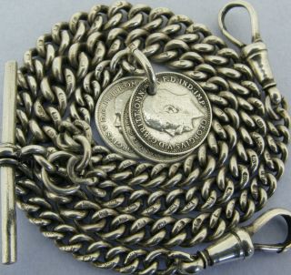 Antique Solid Silver Double Albert Watch Chain T - Bar & 3 Coin Fob Chester 1913
