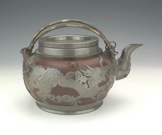 Antique Chinese Yixing Teapot - With Pewter Oriental Dragon & Bat Decoration