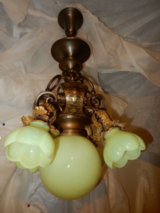 Arts & Crafts Nouveau Brass Fixture Chandelier W/ Vaseline Opalescent Shades